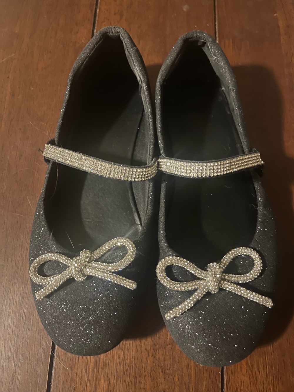 Sparkle Bow Girl’s Flat Shoes in Black with Crystal Straps